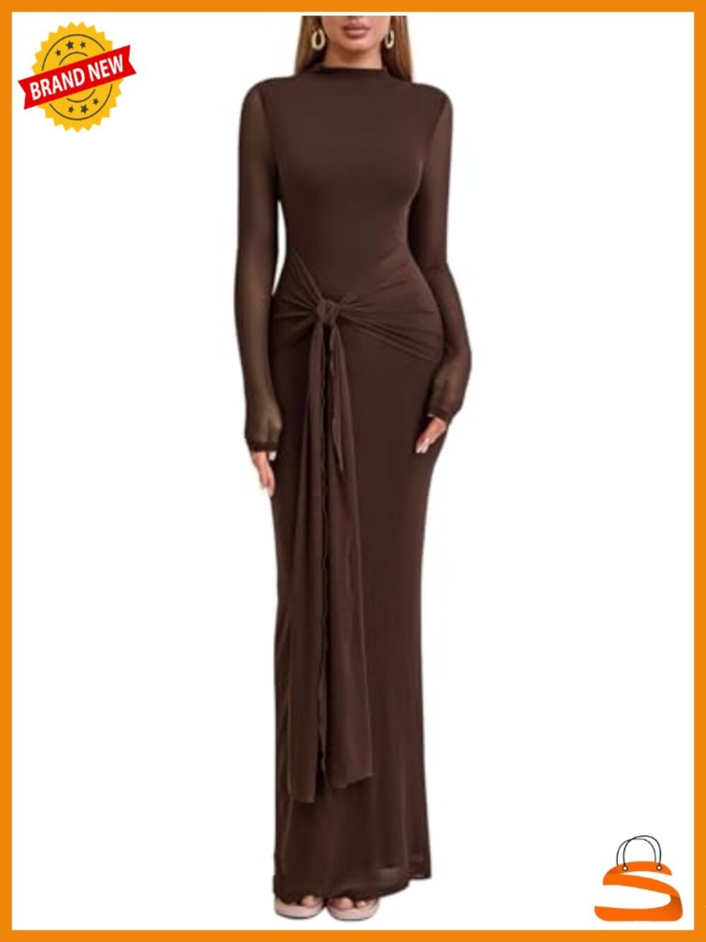 Long Sleeve Bodycon Maxi Dress Mesh Turtle Neck Wedding Guest Formal